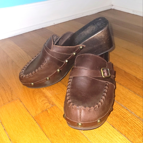 Michael Kors Brown Leather Wooden Clogs sz. 10 - Picture 1 of 5